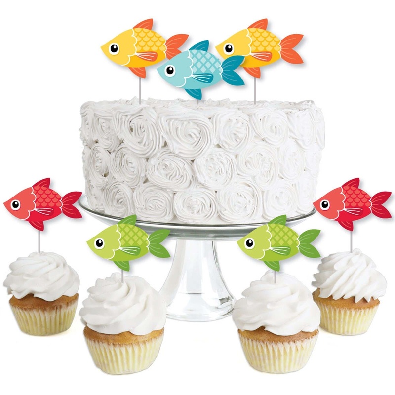 Let's Go Fishing - Dessert Cupcake Toppers - Fish Themed Party or Birthday Party Clear Treat Picks - Set of 24