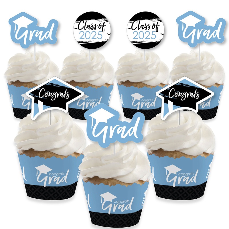 Light Blue Grad - Best is Yet to Come - Cupcake Decoration - 2025 Light Blue Graduation Party Cupcake Wrappers and Treat Picks Kit - Set of 24