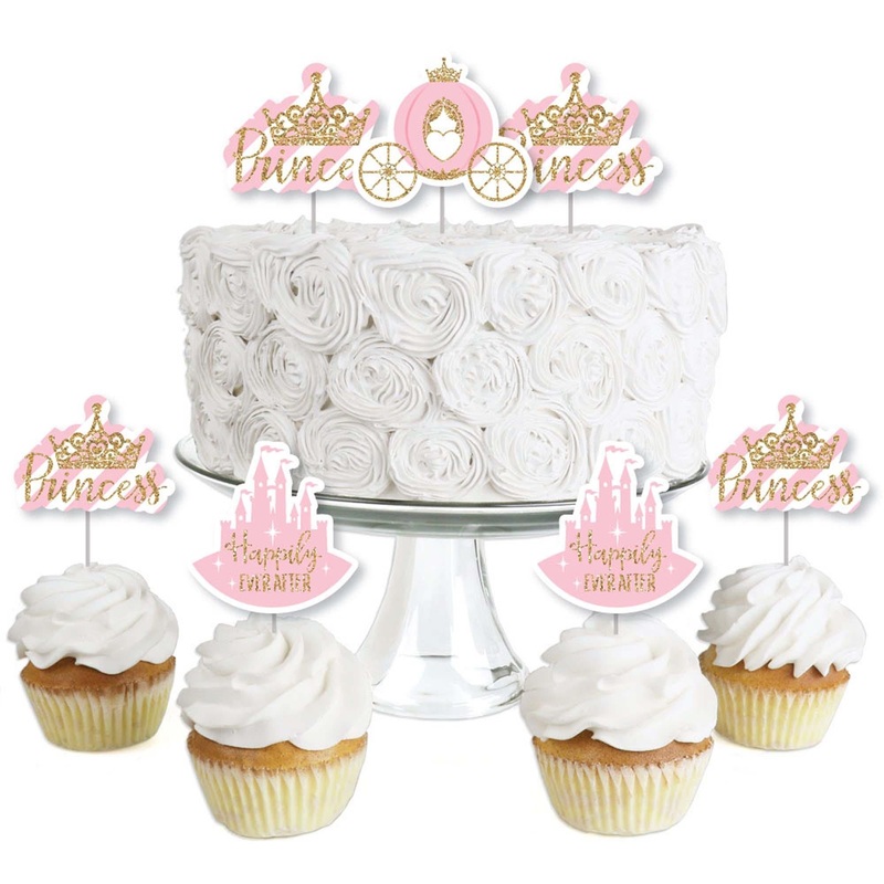 Little Princess Crown - Dessert Cupcake Toppers - Pink and Gold Princess Baby Shower or Birthday Party Clear Treat Picks - Set of 24