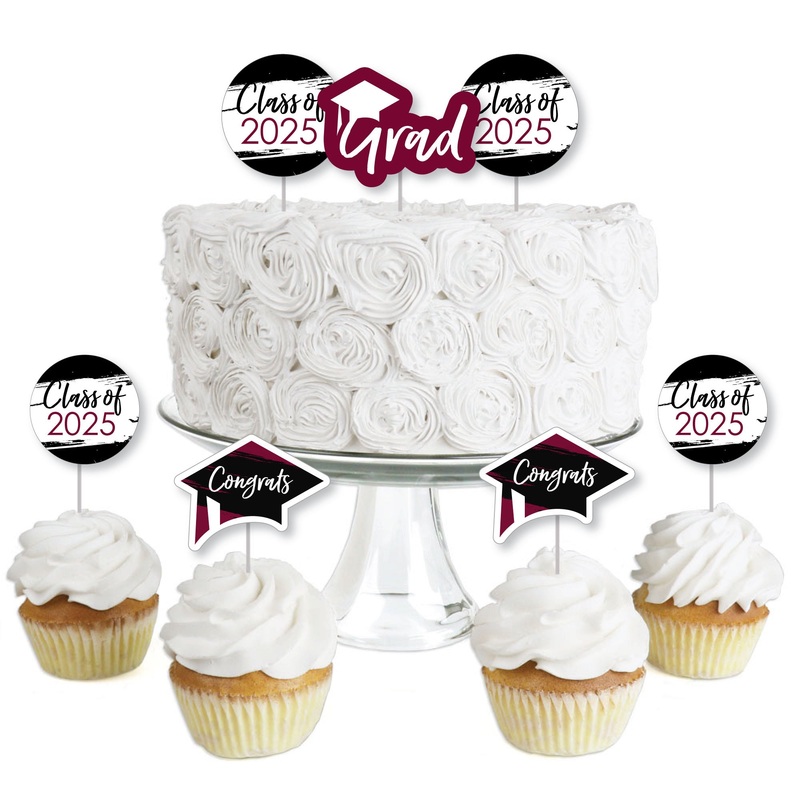 Maroon Grad - Best is Yet to Come - Dessert Cupcake Toppers - Burgundy 2025 Graduation Party Clear Treat Picks - Set of 24