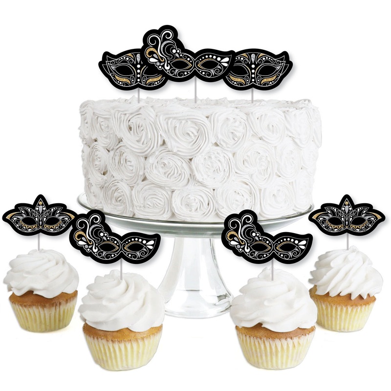 Masquerade - Dessert Cupcake Toppers - Venetian Mask Party Clear Treat Picks - Set of 24