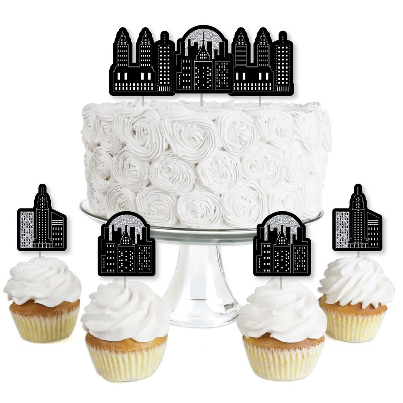 Nighttime City Skyline - Dessert Cupcake Toppers - New York Party Clear Treat Picks - Set of 24