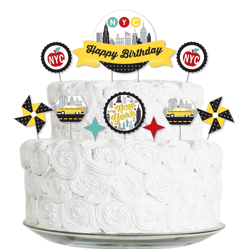 NYC Cityscape - New York City Birthday Party Cake Decorating Kit - Happy Birthday Cake Topper Set - 11 Pieces