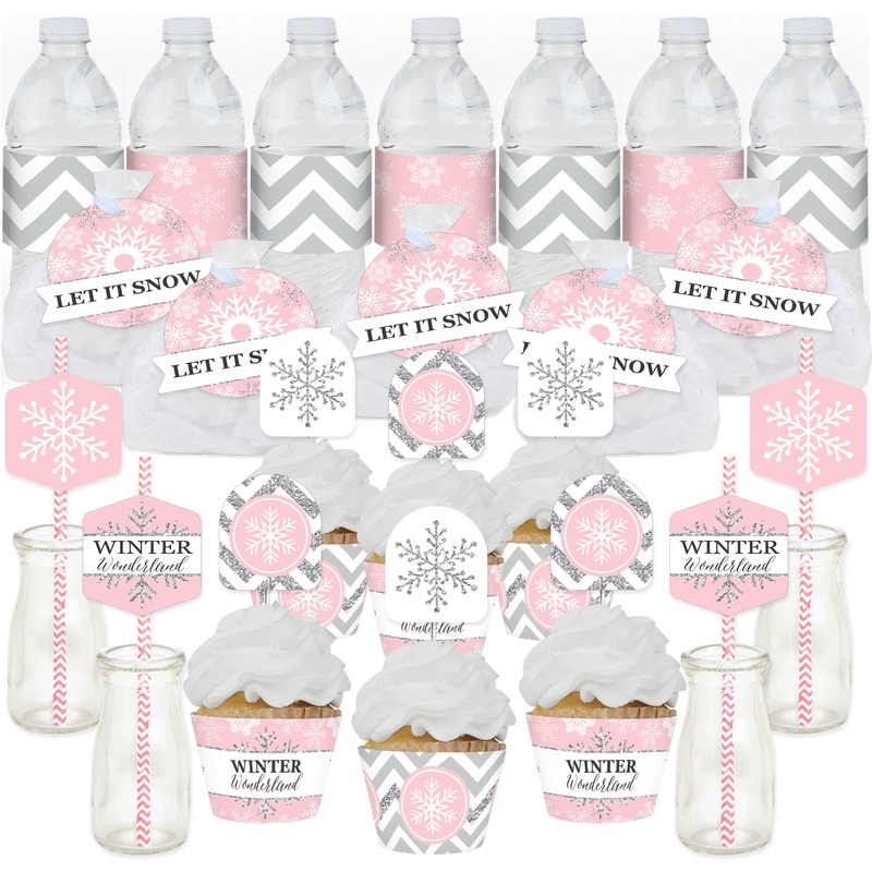 Pink Winter Wonderland - Holiday Snowflake Birthday Party and Baby Shower Favors and Cupcake Kit - Fabulous Favor Party Pack - 100 Pieces
