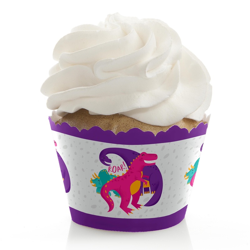 Roar Dinosaur Girl - Dino Mite T-Rex Baby Shower or Birthday Party Decorations - Party Cupcake Wrappers - Set of 12