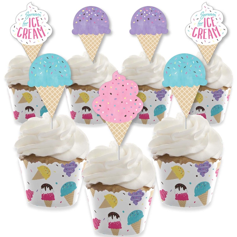 Scoop Up The Fun - Ice Cream - Cupcake Decoration - Sprinkles Party Cupcake Wrappers and Treat Picks Kit - Set of 24
