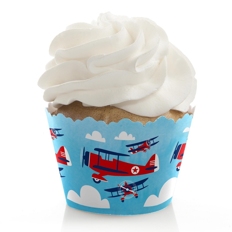 Taking Flight - Airplane - Vintage Plane Baby Shower or Birthday Decorations - Party Cupcake Wrappers - Set of 12
