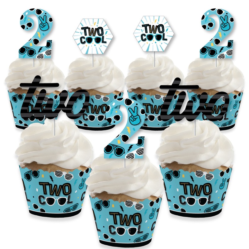 Two Cool - Boy - Cupcake Decoration - Blue 2nd Birthday Party Cupcake Wrappers and Treat Picks Kit - Set of 24