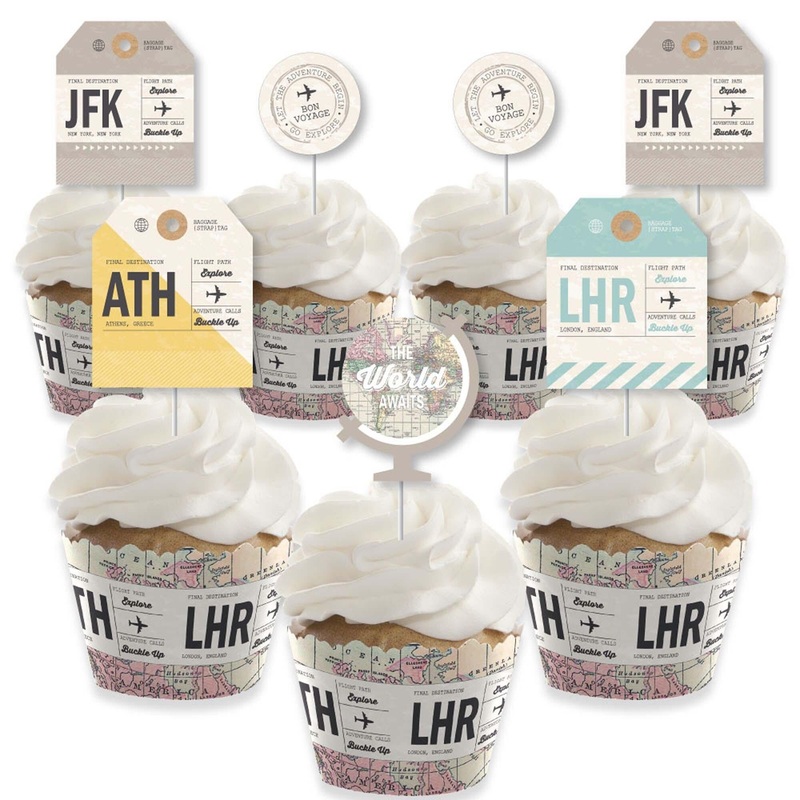 World Awaits - Cupcake Decorations - Travel Themed Party Cupcake Wrappers and Treat Picks Kit - Set of 24