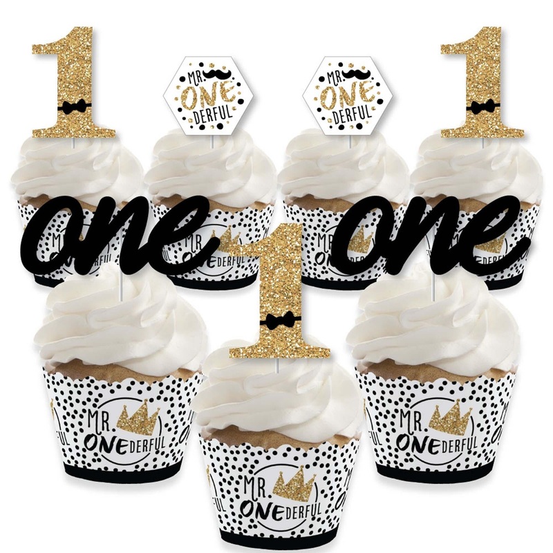 1st Birthday Little Mr. Onederful - Cupcake Decoration - Boy First Birthday Party Cupcake Wrappers and Treat Picks Kit - Set of 24