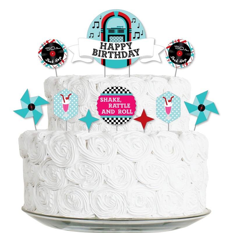 50's Sock Hop - 1950s Rock N Roll Birthday Party Cake Decorating Kit - Happy Birthday Cake Topper Set - 11 Pieces
