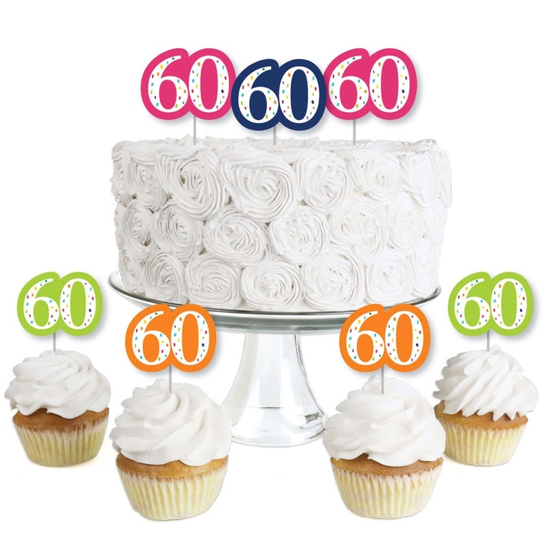 60th Birthday - Cheerful Happy Birthday - Dessert Cupcake Toppers - Colorful Sixtieth Birthday Party Clear Treat Picks - Set of 24