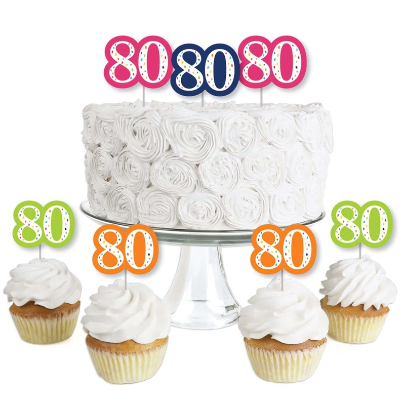 80th Birthday - Cheerful Happy Birthday - Dessert Cupcake Toppers - Colorful Eightieth Birthday Party Clear Treat Picks - Set of 24