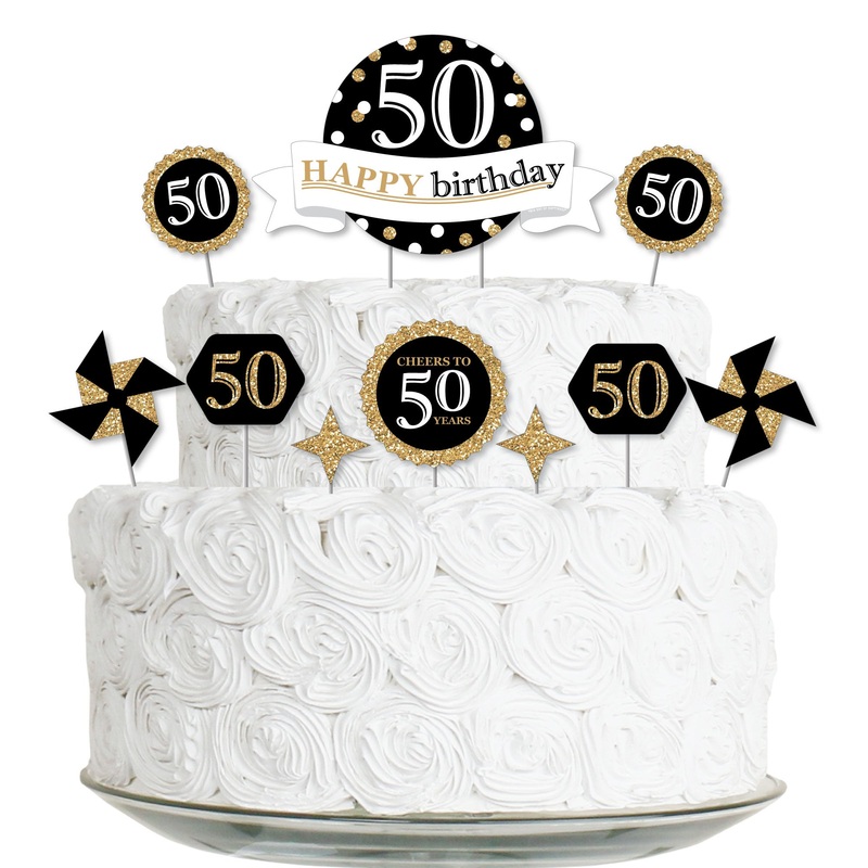 Adult 50th Birthday - Gold - Birthday Party Cake Decorating Kit - Happy Birthday Cake Topper Set - 11 Pieces