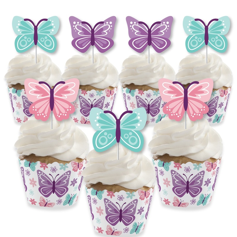 Beautiful Butterfly - Cupcake Decoration - Floral Baby Shower or Birthday Party Cupcake Wrappers and Treat Picks Kit - Set of 24