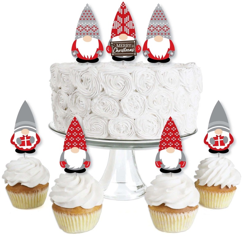 Christmas Gnomes - Dessert Cupcake Toppers - Holiday Party Clear Treat Picks - Set of 24