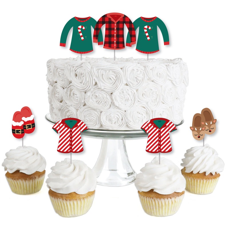 Christmas Pajamas - Dessert Cupcake Toppers - Holiday Plaid PJ Party Clear Treat Picks - Set of 24