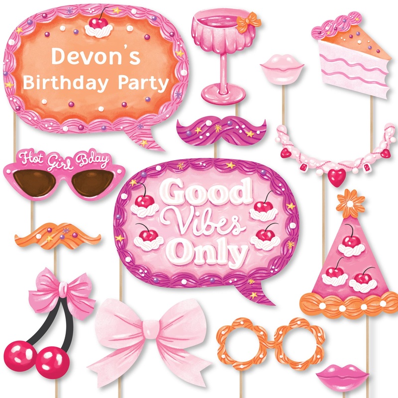 Custom Hot Girl Bday - Photo Booth Props - Personalized Vintage Cake Birthday Party Supplies - 20 Selfie Props