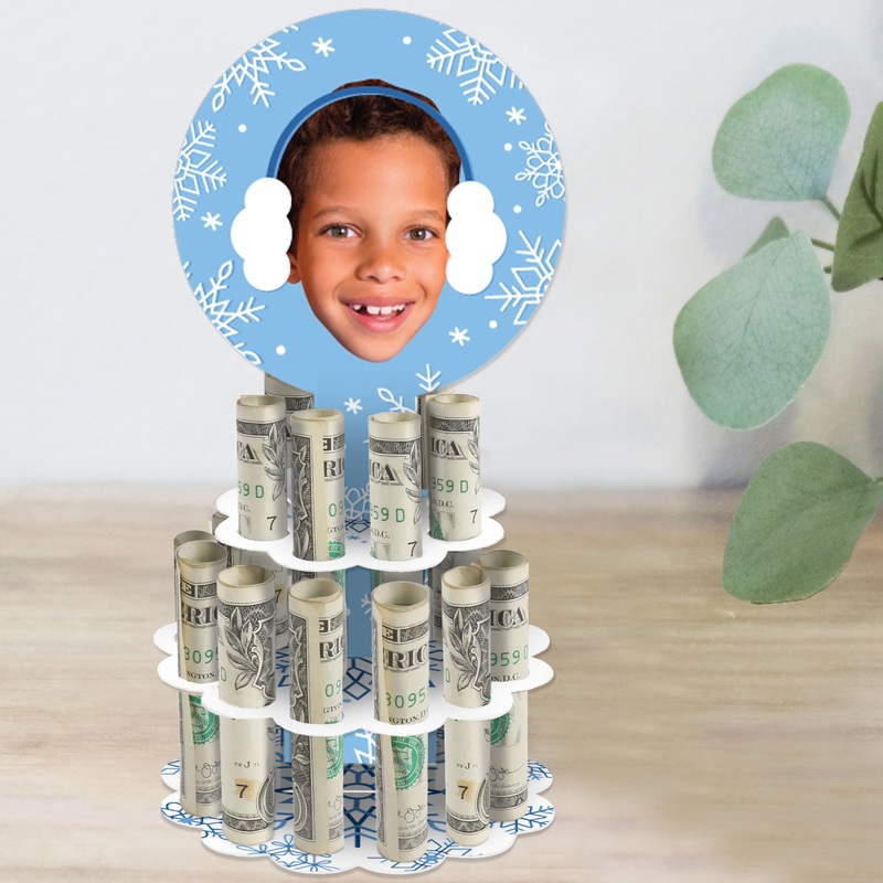 Custom Photo Blue Snowflakes - DIY Funny Winter Wonderland Party Money Holder Gift - Fun Face Cash Cake