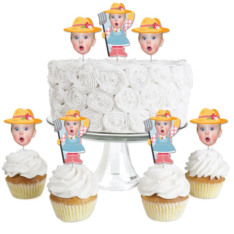 Custom Photo Girl Farm Animals - Pink Barnyard Birthday Party Dessert Cupcake Toppers - Fun Face Clear Treat Picks - Set of 24