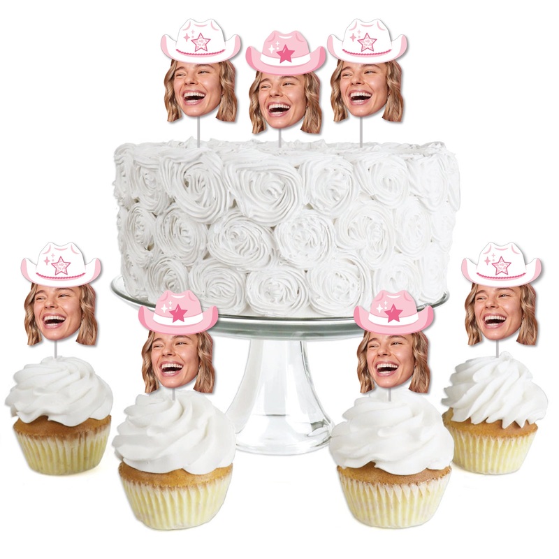 Custom Photo Last Rodeo - Pink Cowgirl Bachelorette Party Dessert Cupcake Toppers - Fun Face Clear Treat Picks - Set of 24