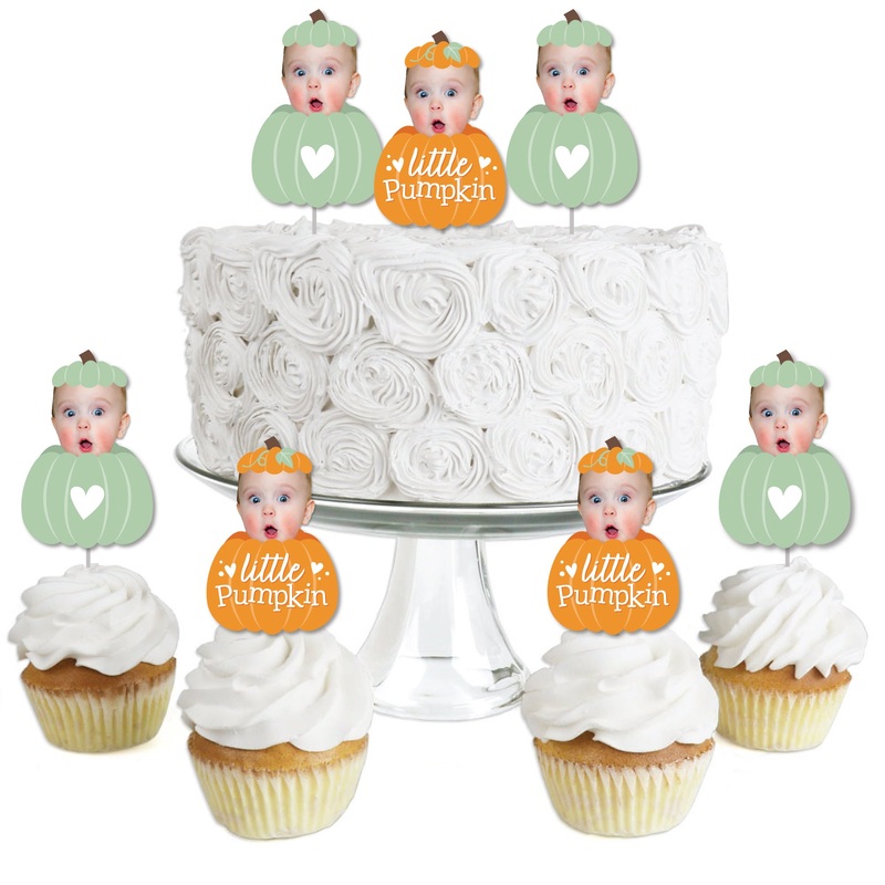 Custom Photo Little Pumpkin - Fall Birthday Party Dessert Cupcake Toppers - Fun Face Clear Treat Picks - Set of 24