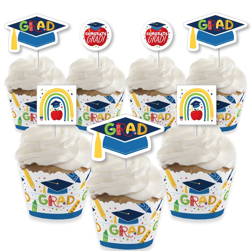 Elementary Grad - Cupcake Decoration - Kids Graduation Party Cupcake Wrappers and Treat Picks Kit - Set of 24