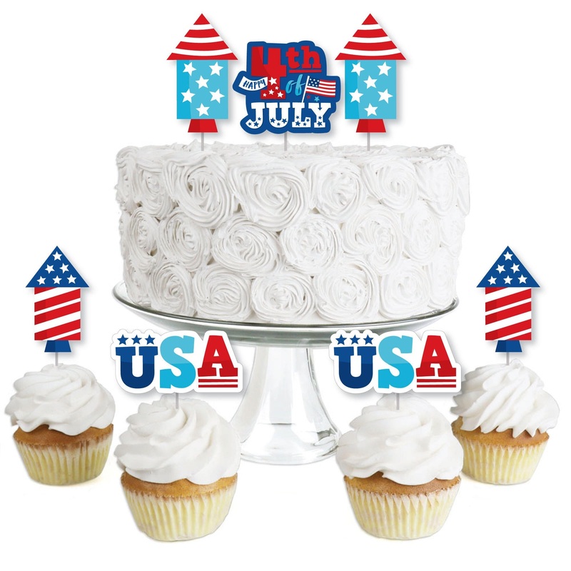 Firecracker 4th of July - Dessert Cupcake Toppers - Red, White and Royal Blue Party Clear Treat Picks - Set of 24