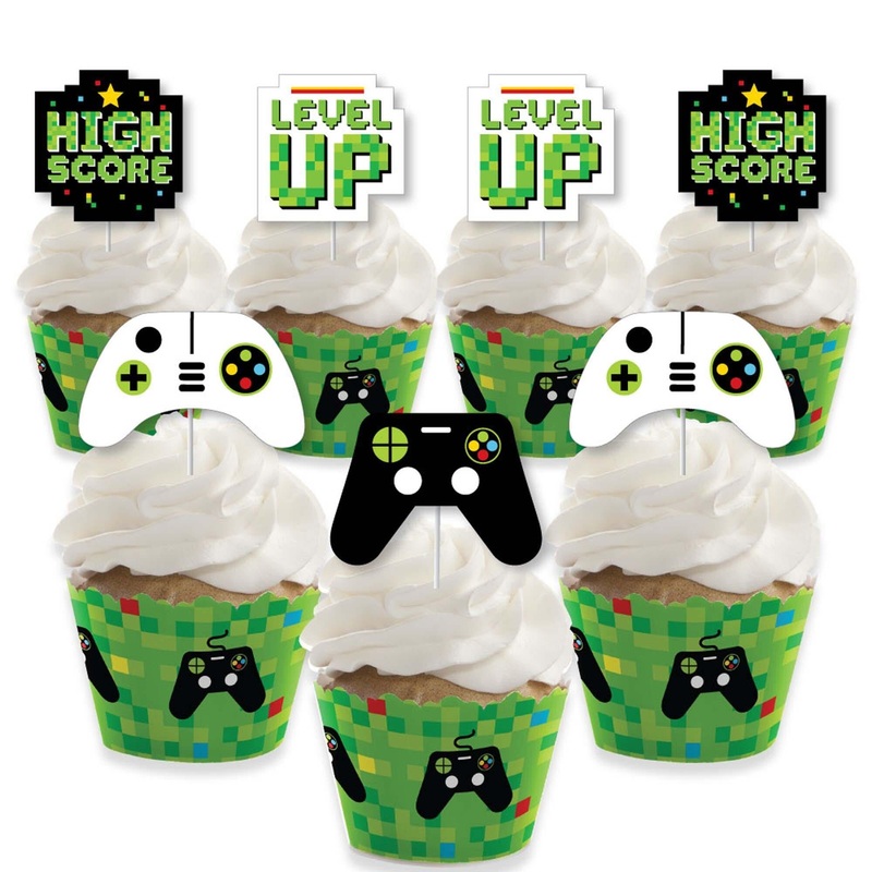 Game Zone - Cupcake Decoration - Pixel Video Game Party or Birthday Party Cupcake Wrappers and Treat Picks Kit - Set of 24