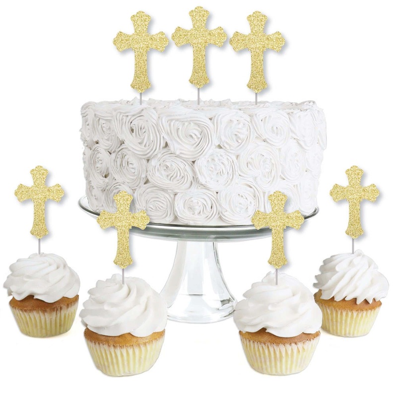 Gold Glitter Cross - No-Mess Real Gold Glitter Dessert Cupcake Toppers - Baptism or Baby Shower Clear Treat Picks - Set of 24