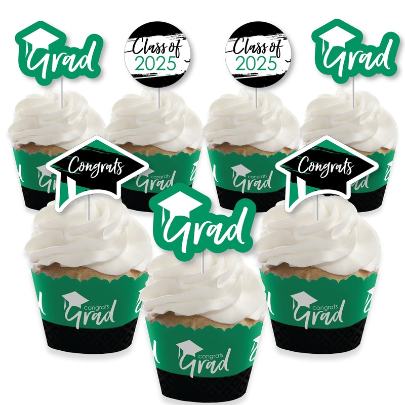 Green Grad - Best is Yet to Come - Cupcake Decoration - 2025 Green Graduation Party Cupcake Wrappers and Treat Picks Kit - Set of 24