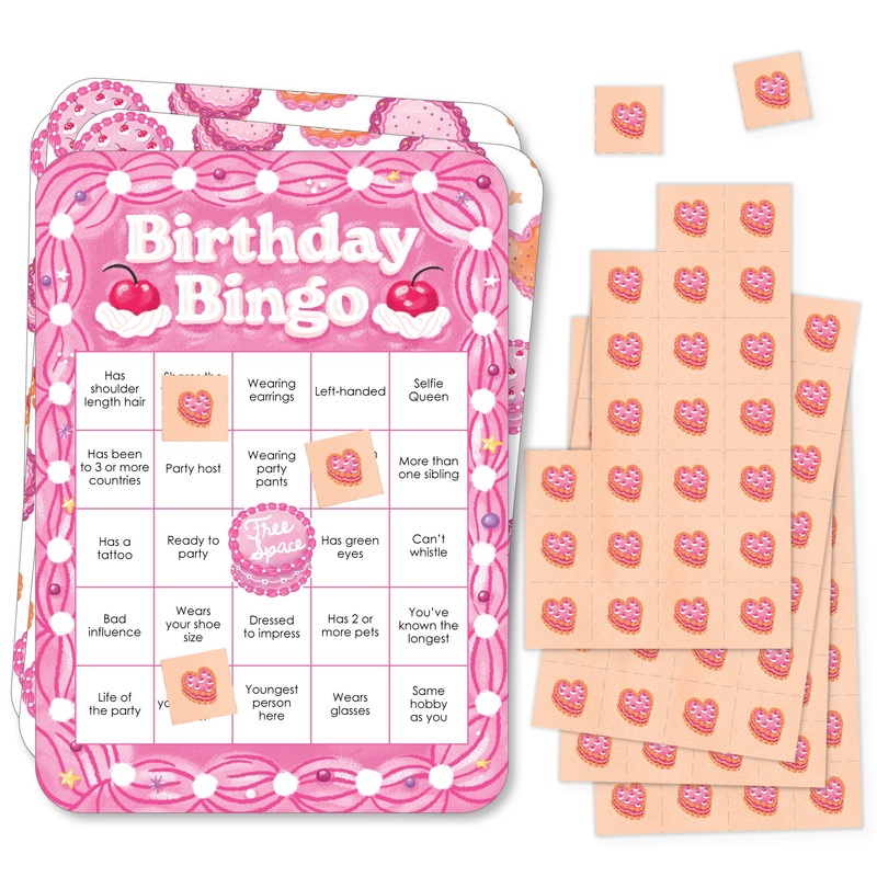 Hot Girl Bday - Find the Guest Bingo Cards and Markers - Vintage Cake Birthday Party Shaped Bingo Game - Set of 18