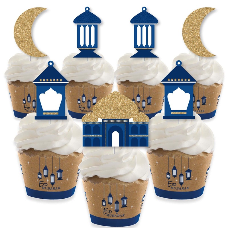 Ramadan - Cupcake Decoration - Eid Mubarak Cupcake Wrappers and Treat Picks Kit - Set of 24