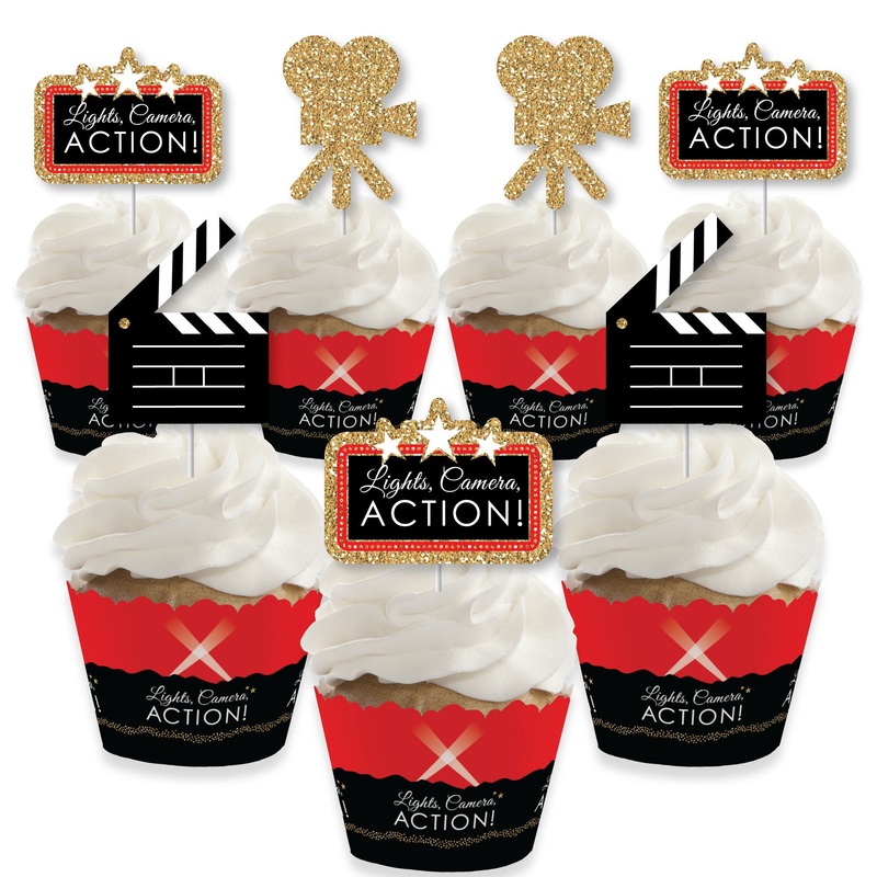 Red Carpet - Cupcake Decoration - Movie Night Party Cupcake Wrappers and Treat Picks Kit - Set of 24