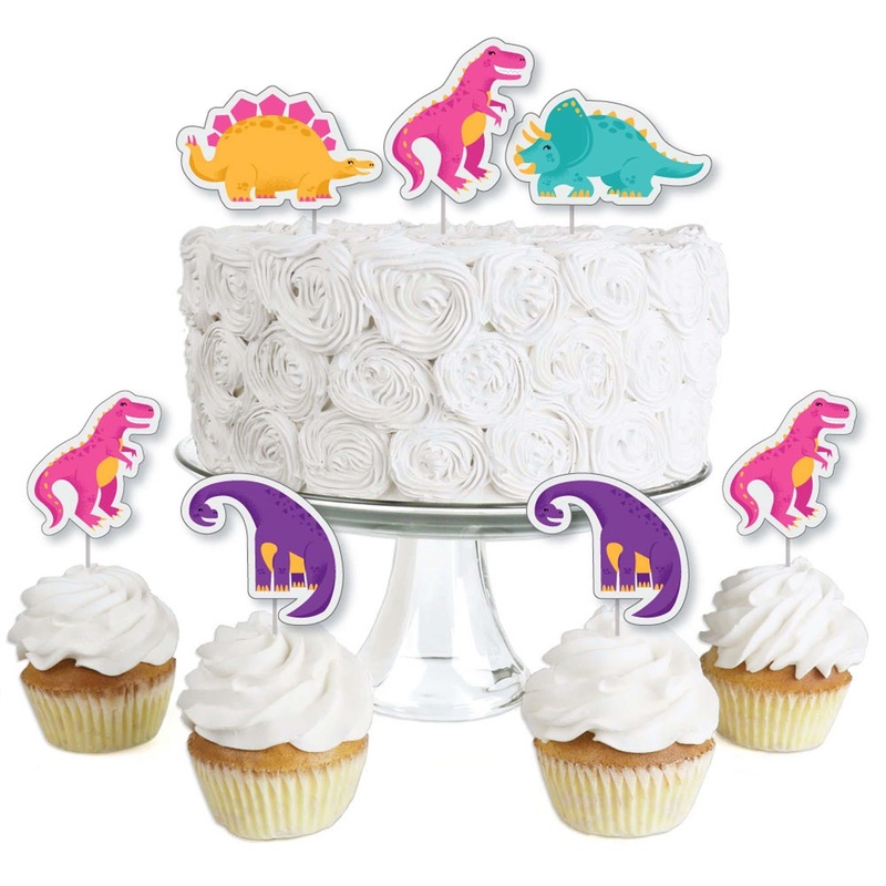 Roar Dinosaur Girl - Dessert Cupcake Toppers - Dino Mite T-Rex Baby Shower or Birthday Party Clear Treat Picks - Set of 24