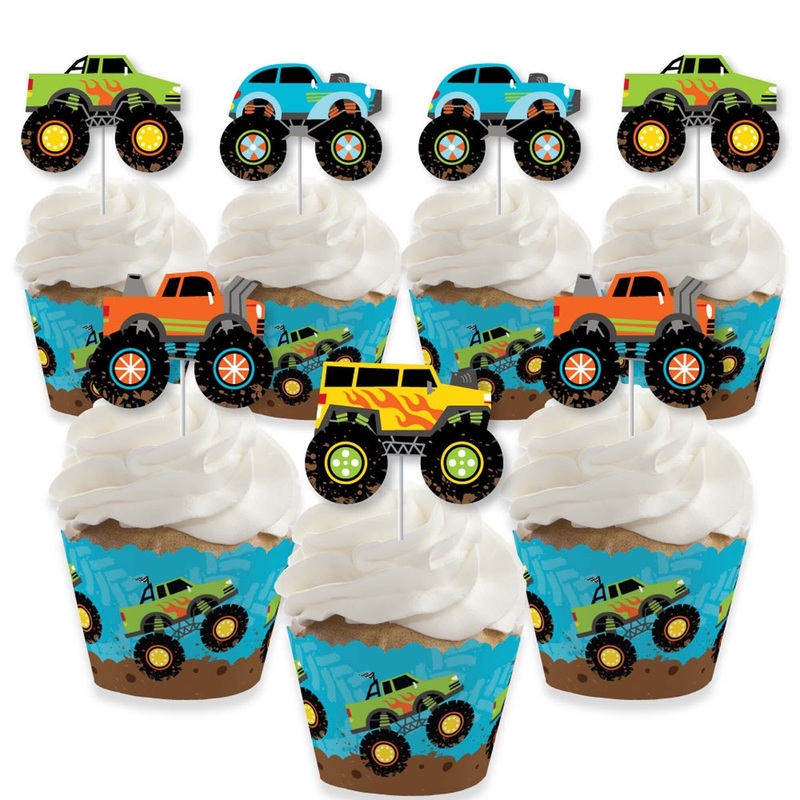 Smash and Crash - Monster Truck - Cupcake Decoration - Boy Birthday Party Cupcake Wrappers and Treat Picks Kit - Set of 24