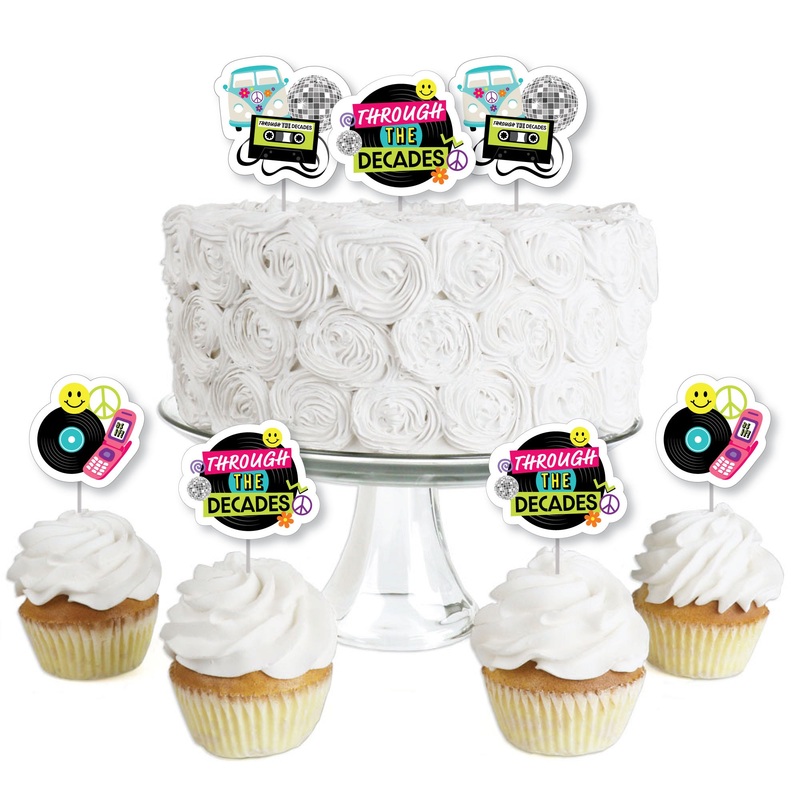 Through the Decades - Dessert Cupcake Toppers - 50s, 60s, 70s, 80s, and 90s Party Clear Treat Picks - Set of 24