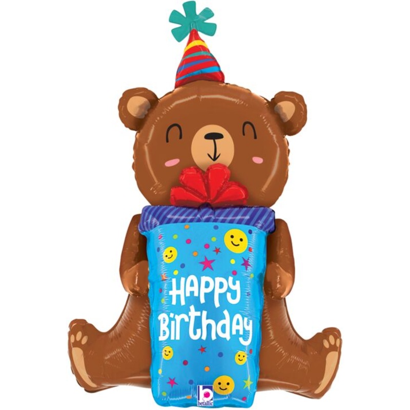 Birthday Smiley Gift Bear 34" Mylar Balloon