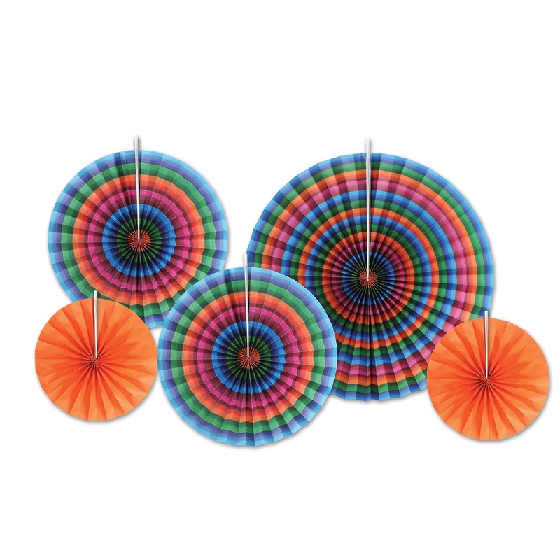 Fiesta Accordion Paper Fans asstd serape print & orange, Printed 2 sides; 29" , 212" , 116"