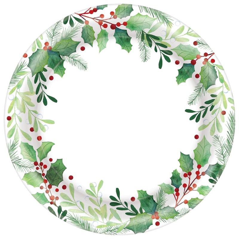 Traditional Holly 8 1/2" Round Paper Plates 50 per package