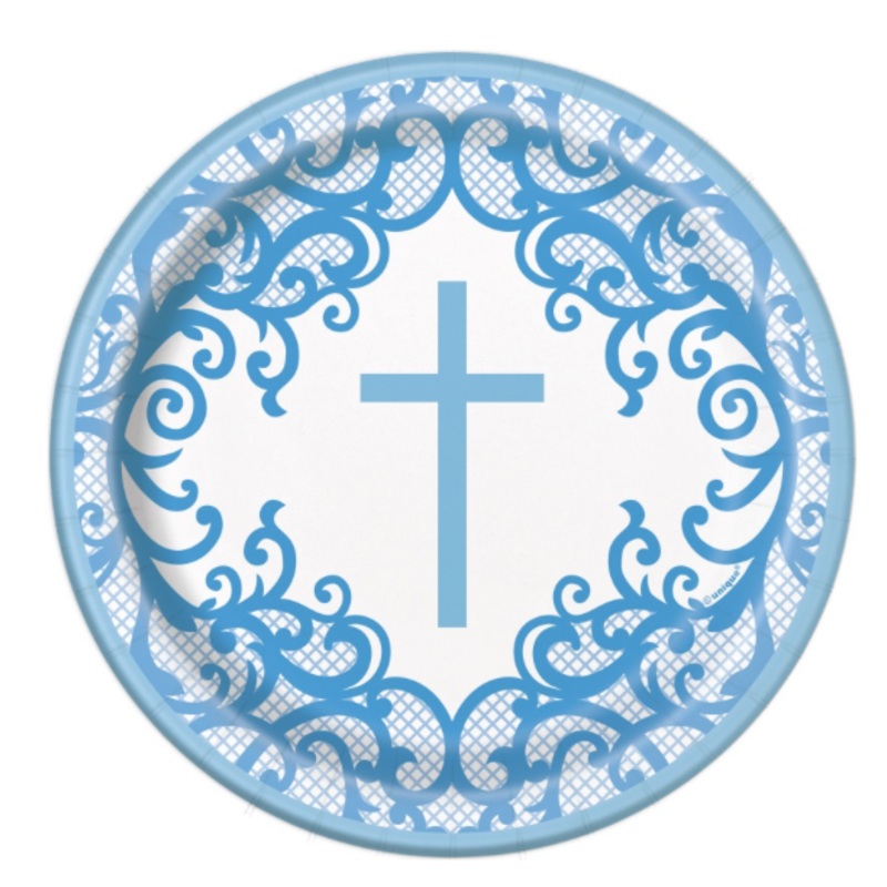 Fancy Blue Cross 7" Paper Dessert Plates Package of 8