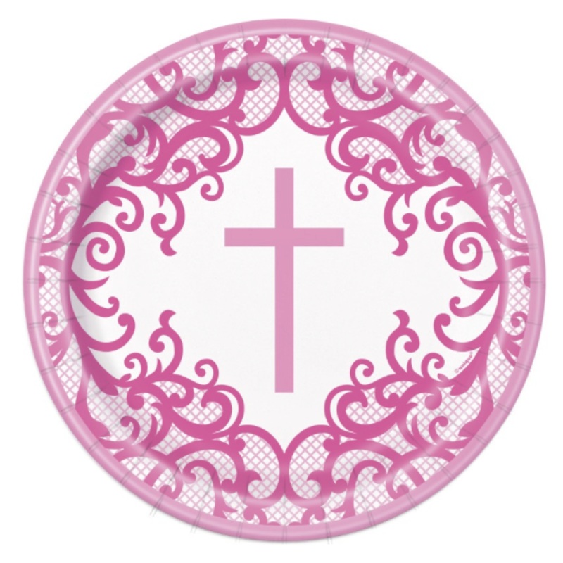 Fancy Pink Cross 9" Paper Dessert Plates Package of 8
