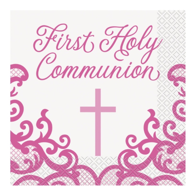 Fancy Pink Cross First Holy Communion Lunch Napkins Package of 16