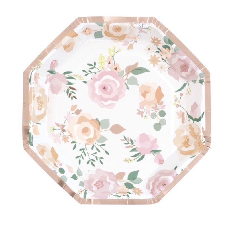 Pink Blooms Octagon Shaped 8.25" Plates  8ct - Foil Stamping