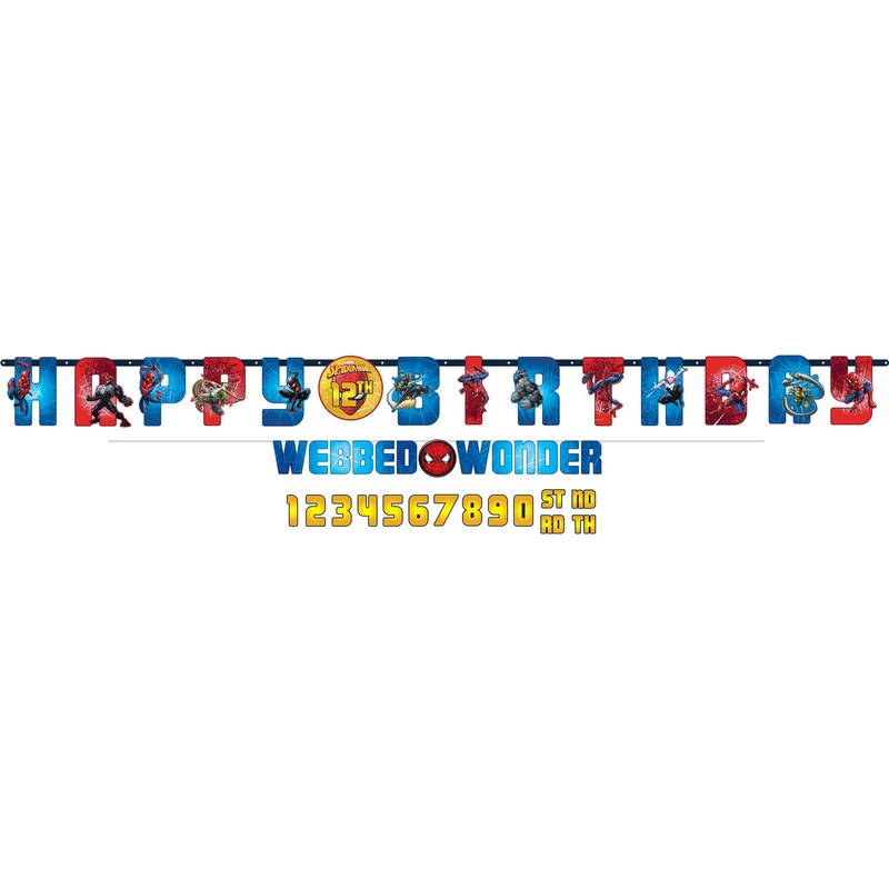 Spider-Man Webbed Wonder Jumbo Letter Banner Kit. with 1 "Happy (add age) birthday" Letter Banner: 10' x 10" and 1"Webbed Wonder"  Smaller Banner: 5 3/4' x 6 1/2"