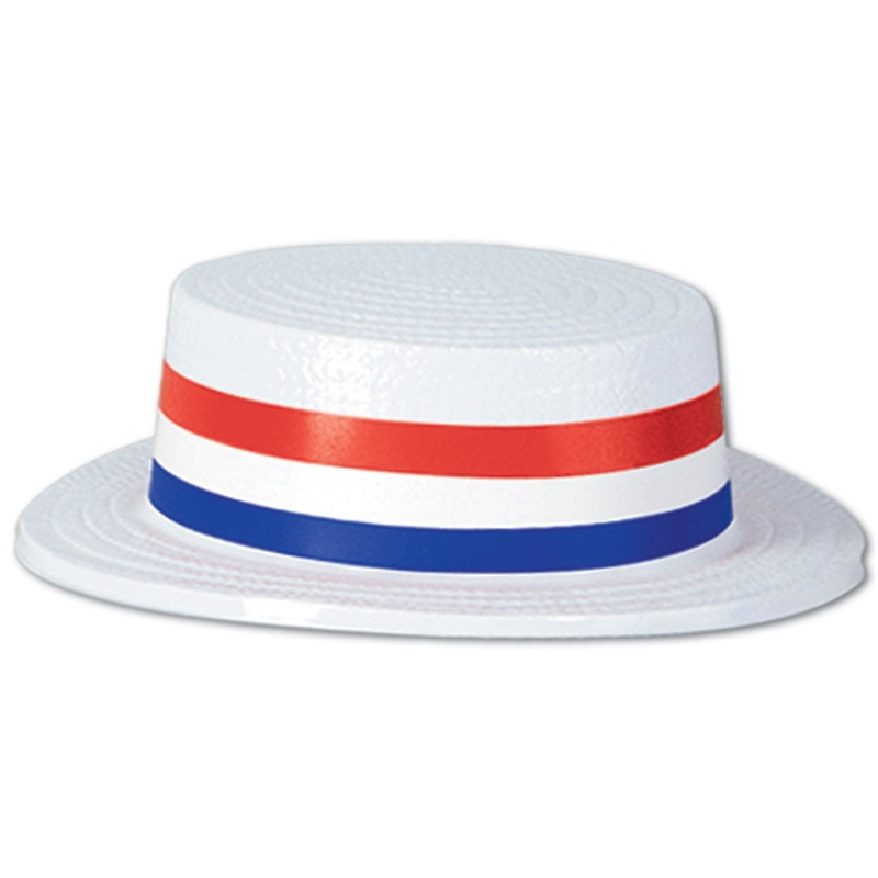 White Plastic Skimmer Hat with R/W/B  Striped Paper Band Colors 1 Per Package