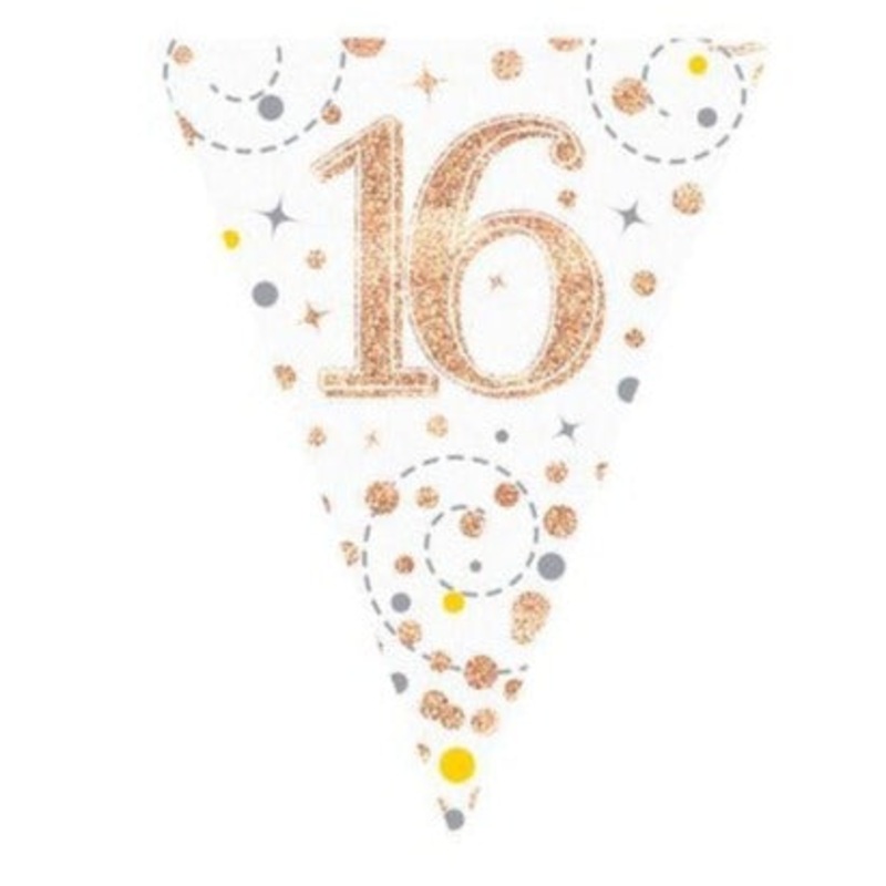 16th Birthday White & Rose Gold Bunting - 11 Flags 3.9M
