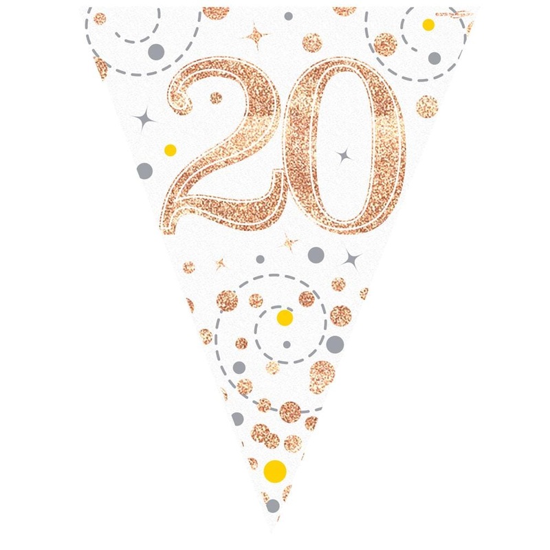 20th Birthday White & Rose Gold Bunting - 11 Flags 3.9M