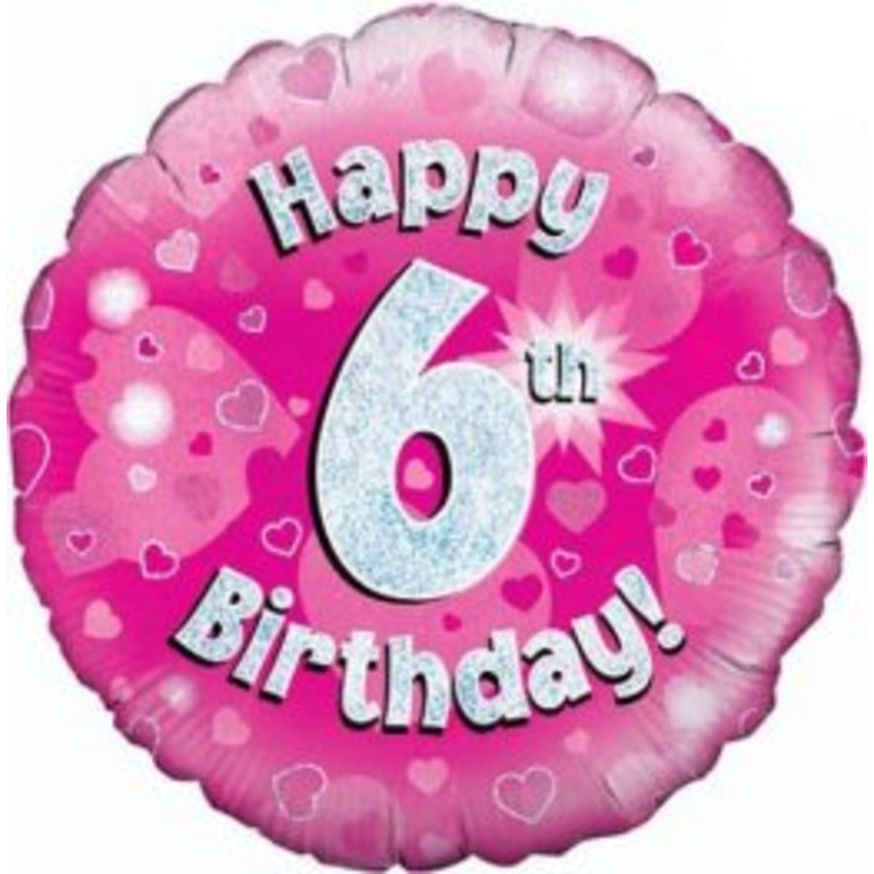 18" HAPPY 6TH BIRTHDAY PINK HOLOGRAPHIC BALLOONS
