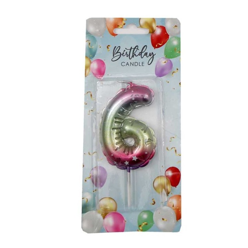 6CM RAINBOW BALLOON SHAPED NUMERAL 6 CANDLE